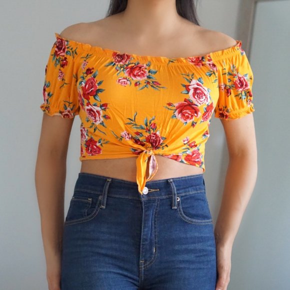 H&M Tops Yellow Flowery Off The Shoulder Crop Top Sm Poshmark